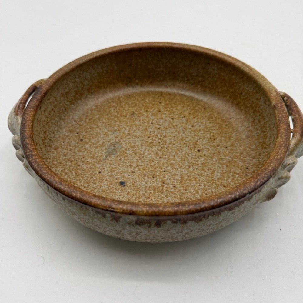 Schroeder Studio Pottery Signed Speckled Brown Stoneware Handled Serv. Bowl 9.5"